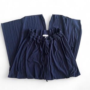 Navy Blue Pleated Women's Pants with Drawstrings